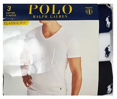$34.99 • Buy Polo Ralph Lauren Men's Navy-White-Black Wicking Classic Fit V-Neck Shirt 3 Pack
