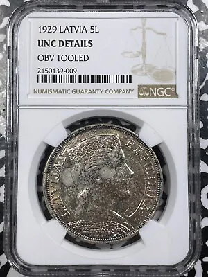 1929 Latvia 5 Lati NGC Obverse Tooled-UNC Details Lot#G6842 Large Silver! • $75