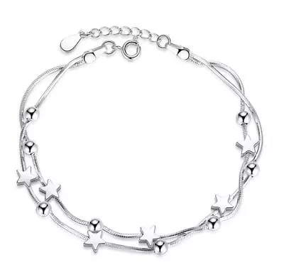 925 Sterling Silver Bead Star Love Charm Linked Bracelet Womens Ladies Jewellery • £3.97