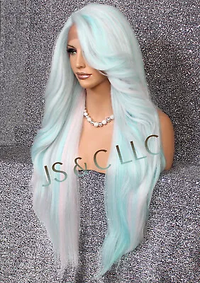 Human Hair Blend Long Lace Front Wig Layered Wavy Baby Blue Pink Mix Heat OK RPU • $89.94