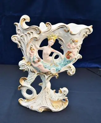 C.1950s CAPODIMONTE Bas Relief Hand Painted MERMAID 15 H Centerpiece Vase #105 • $691.01