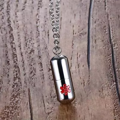 Alert MEDIC ID Tag Pendant Chain Necklace Container Vial Gift Unisex • £5.84