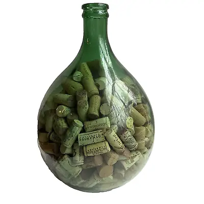 Vtg Green Glass Demijohn Carboy Wine Bottle Jug 16  With Corks Air Bubbles Large • $199.99