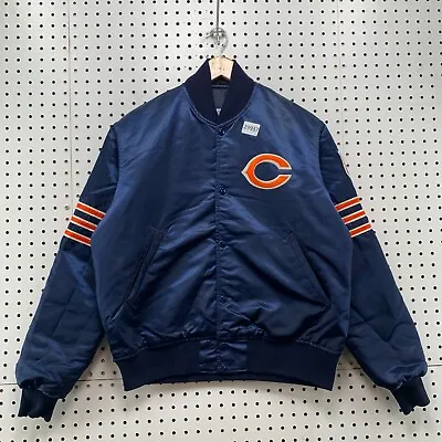 Vintage 90s Chicago Bears Satin Starter Jacket Mens Medium Blue SNap 23.5x25 • $109.99