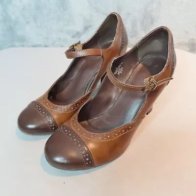 MERONA Mary Janes Shoes Womens Sz 8 Brown Faux Leather Ankle Strap 3.5  Academia • $22.88