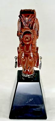 Vintage 5½  Carved Obsidian Brown Stone Mayan Bust Head - Silver Details • $85