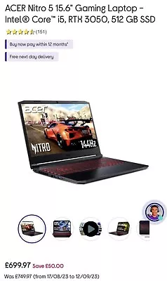 Acer Nitro 5 15.6 Gaming Laptop I5 • £550