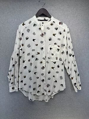 Zara Basic Womens Shirt White Floral Long Sleeve Round Neck Roll Tab Sleeves M • $16