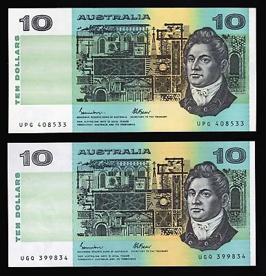 1985 Australian Ten Dollar Banknotes - Uncirculated Condition -  R309 Consec Pr • $95