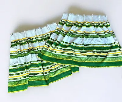 Vintage MCM 70s  Yellow Green  Striped Pinch Pleat Curtains Panels 24x28 • $25