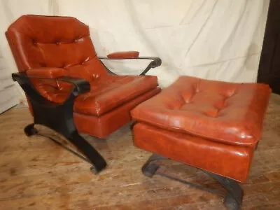 1960's Mid Century Modern Chair & Ottoman Scoop Chair Iron Arms & Legs  Stool • $225