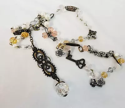 Plunder Long Link Beaded Necklace With Crystal Pendant Two Toned Steampunk • $22.99