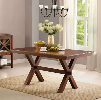 Dining Table Wood Seats 6 Rectangle Brown Kitchen X Legs Breakfast Room Sturdy • $259.99