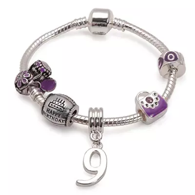 Liberty Charms Children's Purple  'HAPPY 9TH BIRTHDAY' Charm Bead BRACELET • £10.99