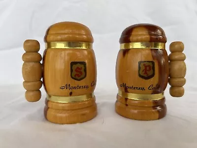 Vintage Wooden Beer Stein Mug Salt & Pepper Shaker Set 3  Souvenir Monterey CA • $9.96