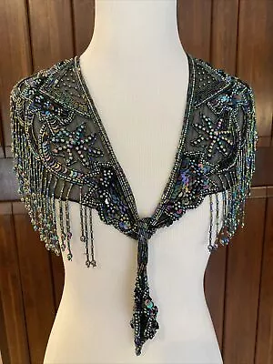 Vintage CONTESSA 100% Silk Beaded Collar Shoulder Shawl Black Iridescent Beads • $20
