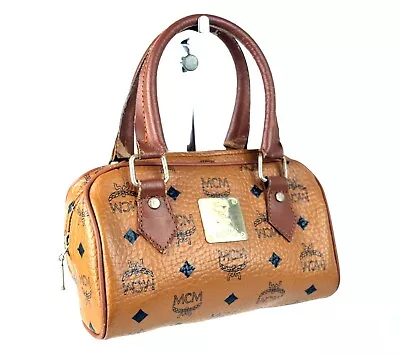 MCM Cognac Canvas Leather Mini Boston Hand Bag Purse Brown Used Women's Germany • $125