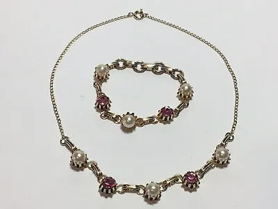 Vintage Faux Pearl And Synthetic Pink Stone Jewelry Set For Child Girl  Kid's • $30