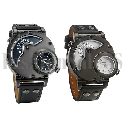 Men's Sport Dual Time Dial Leather Band Quartz Analog Military Army Wrist Watch • $15.99