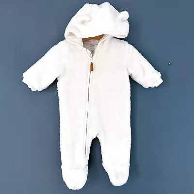 Baby Boys Girls Unisex Cream Faux Fur Hooded Pram Suit Snowsuit Coat 0-3 Months • £2.99