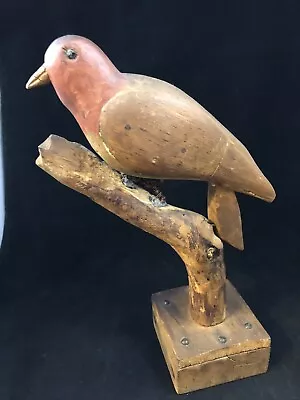 EARLY 20th C. PA. HAND CARVED PAINT DECORATED FOLK ART BIRD BRANCH WEIGHTED BASE • $265