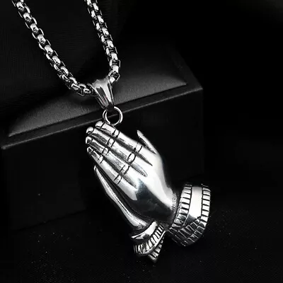 Silver Praying Hands Pendant Lord's Prayer Necklace Men's Jewelry Chain 24  Gift • $11.99