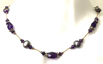 VTG Necklace Natural Purple Amethyst Black Fresh Water Pearl Beads 17“ Long • $14.99