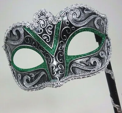 £13.99 • Buy Green Silver & Black Hand Held Stick Venetian Masquerade Ball Carnival Eye Mask