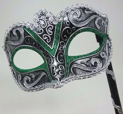 Green Silver & Black Hand Held Stick Venetian Masquerade Ball Carnival Eye Mask • £13.99