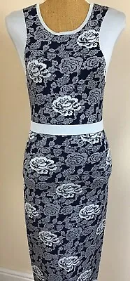 Karen Millen Dress 10 Blue Floral Bodycon Bandage Tight Knit Jersey Cap Sleeve • £38