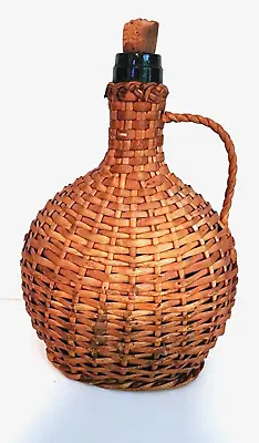 Antique Wicker/rattan Wrapped Green Wine Bottle With Handle 9 1/2 Inches High • $50