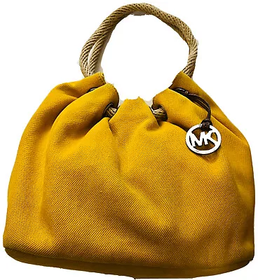 Michael Kors Shoulder Shopper Hobo Tote Bag Brown Leathr Trim Yellow Canvas Slv • $69