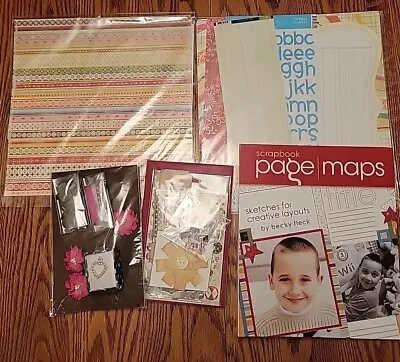 Scrapbook Craft Lot Page Map Book 12x12 Paper Flowers Stickers ++++ (BOX W S19) • $24