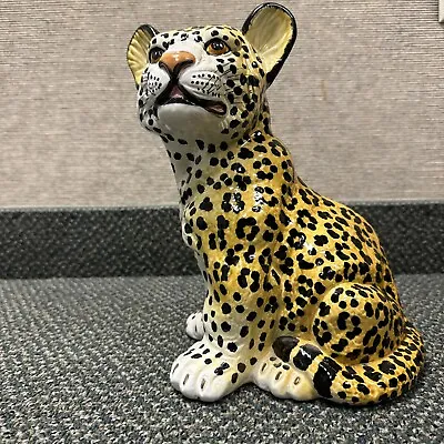 Mid Century Italian Hand Painted Majolica Ceramic Leopard Cub Statue • $169.99