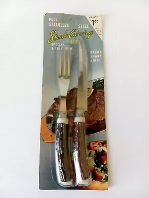 NOS Vintage Steak Meat Fork Knife Faux Stag Antlers Horn Handles Stainless Steel • $14.99