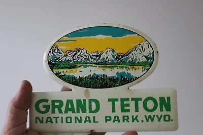 1950s GRAND TETON NATIONAL PARK WYOMING STAMPED PAINTED METAL TOPPER SIGN • $129