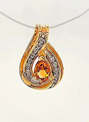 $149 • Buy Vintage 14k Yellow Gold Swirl, Diamond & Citrine Pendant 1990s Estate Jewelry