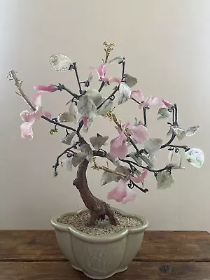 Vintage Bonsai Tree Jade Green Pink White Glass Flowers Celadon Pot Signed 15” • $47