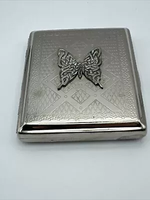 Vintage Butterfly Metal Etched Floral Design Cigarette Case With Sparkling • $20