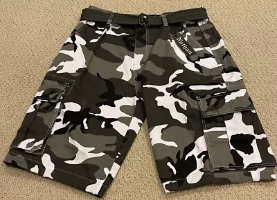 NWT Men’s Nathan Black White Camouflage Camo Belted Cargo Pocket Shorts ALL SIZE • $21.99