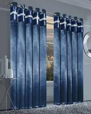 Navy Blackout Crushed Velvet Eyelet Satin Curtains Ring Top Pair 66 X 54  Blue • £29.95