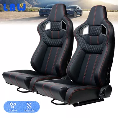 2PCS Adjustable Car Racing Seats Black PVC Leather+Red Vertical Line W/2 Sliders • $395.79