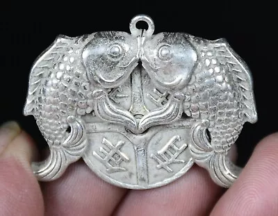 4.3CM Rare Old Chinese Miao Silver Feng Shui Double Fish Revolve Lcuk Pendant • $15