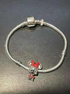 Silver Tone Minnie Mouse Dotted Dress & Bow Charm Snake Chain Bracelet 17cm • $12.99