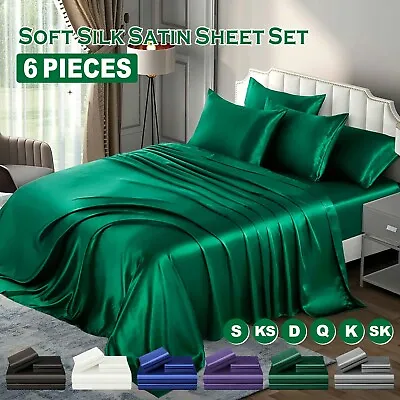 $29.99 • Buy 1800TC 6 Pieces Silk Satin Flat Fitted Sheet Bed Set Single Double Queen King SK