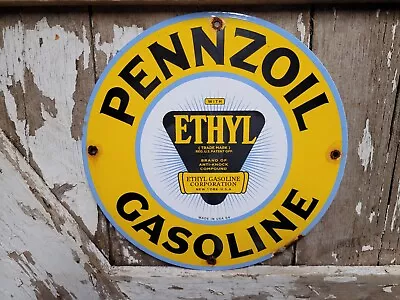 Vintage 1954 Pennzoil Porcelain Sign Service Station Gas Ethyl Gasoline Corp 12  • $173.05