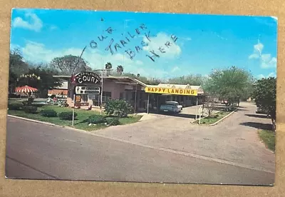 1970 USED POSTCARD - HAPPY LANDING COURT McALLEN TEXAS - WRITING ON FRONT • $1