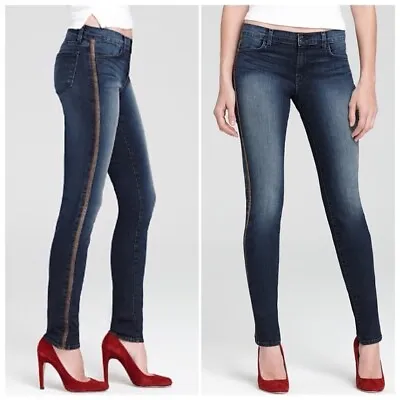 J Brand Kacie Wicked Skinny Jeans Sz 28 Blue Denim Leather Stripe Mid Rise  • $35