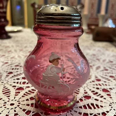 Mary Gregory Fenton Cranberry Glass Sugar Shaker Crome Lid • $52.95