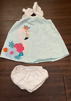 Mud Pie Baby Girl Flamingo Dress Bloomer Set Ruffle Blue Dot  9-12  9 12 Mudpie • $19.99